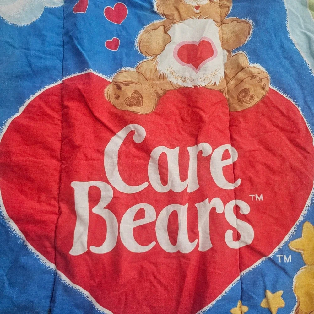 Vintage Care Bears Comforter 1980s Blue Rainbow Heart Quilt Made in USA Twin